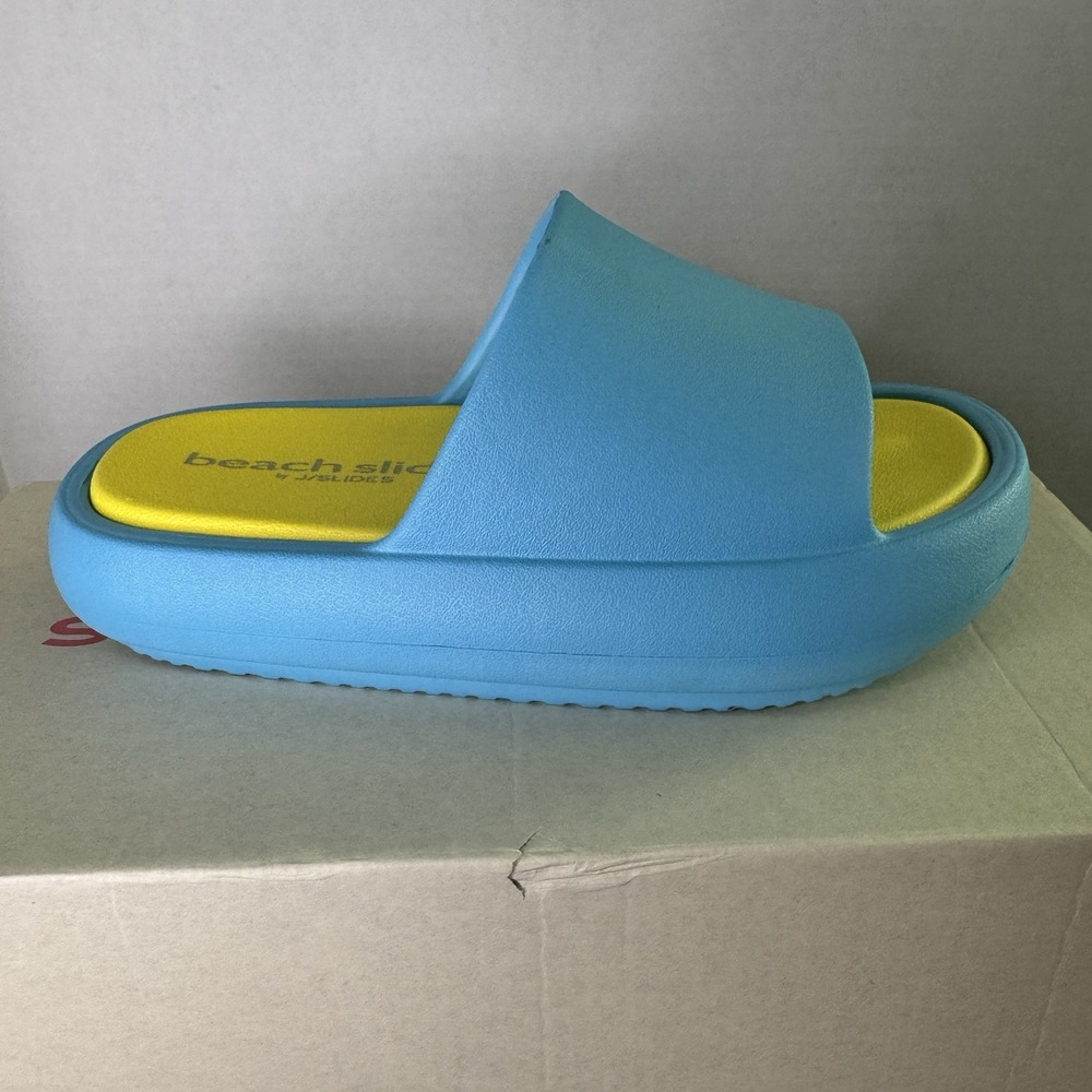 BEACH SLIDES BY J SLIDES Sandals Turquoise/Yellow Eva Squish Womens Sz 6M NIB - Picture 5 of 8